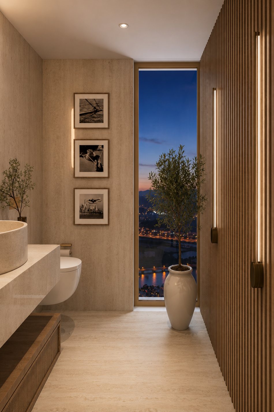 Warm, natural-toned bathroom designed by Ebenhoch Studio