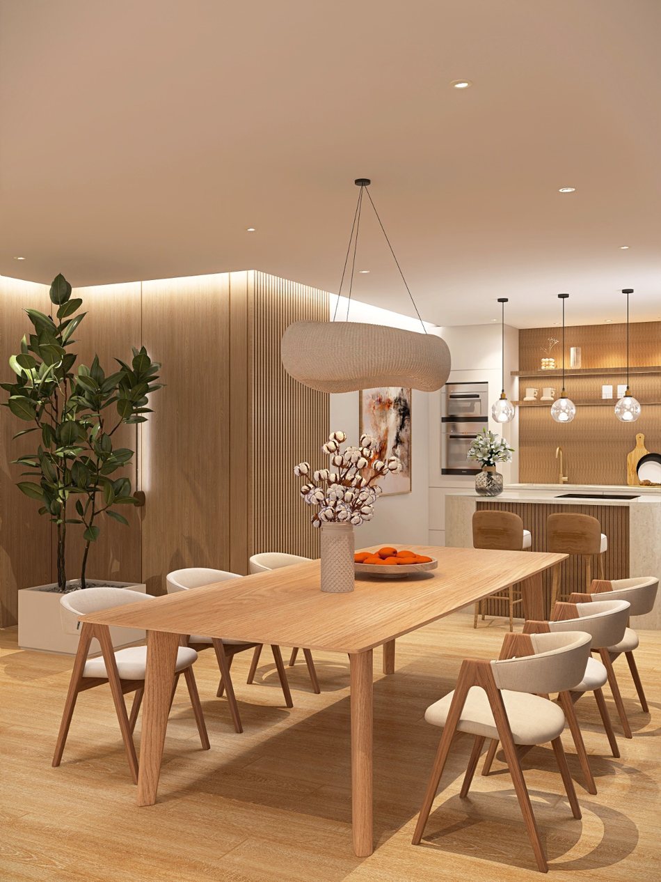 Open dining and kitchen area designed by Ebenhoch Studio