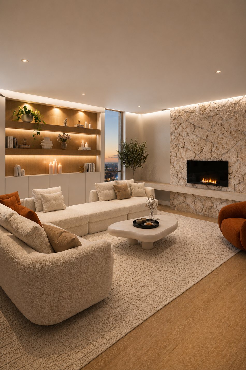 Living room with stone fireplace wall designed by Ebenhoch Studio