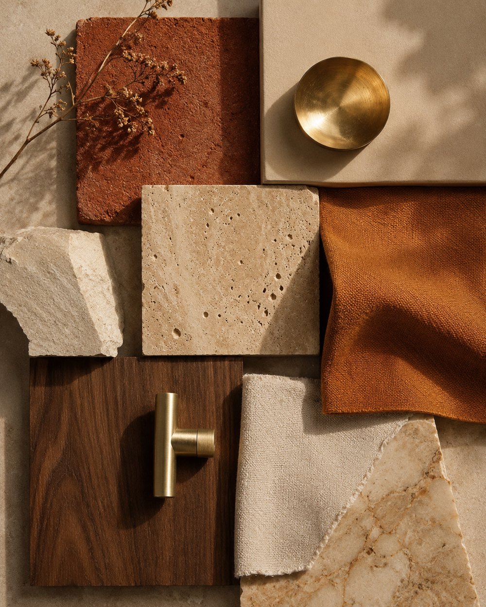 Material moodboard: terracotta, travertine, walnut, brass and linen