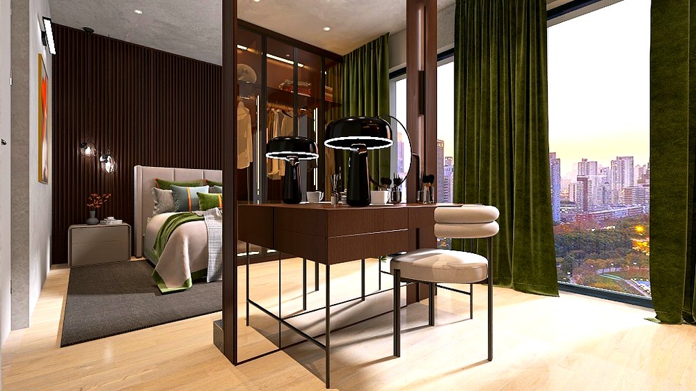 Bedroom suite with dressing area and city view