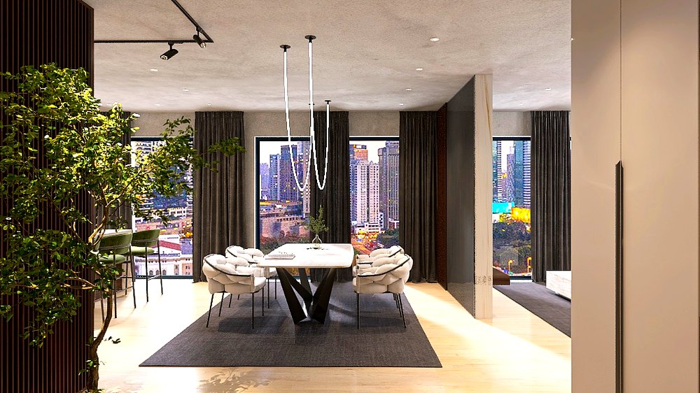 Dining area with skyline night view
