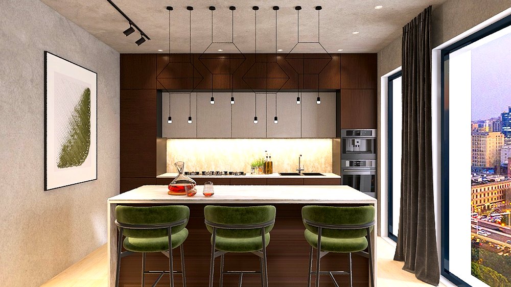 Dark, warm kitchen with sculptural pendant lighting